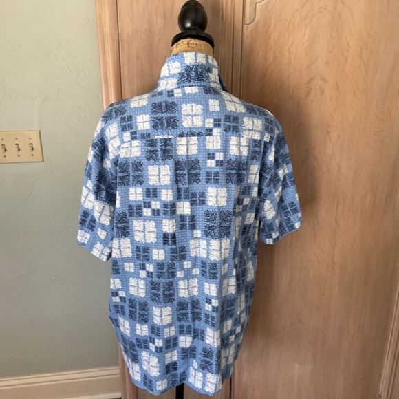 Nat Nast Button Blue 70%  Silk‎ 30% Cotton Camp Shirt Sz L Hawaiian geometric - Picture 12 of 16